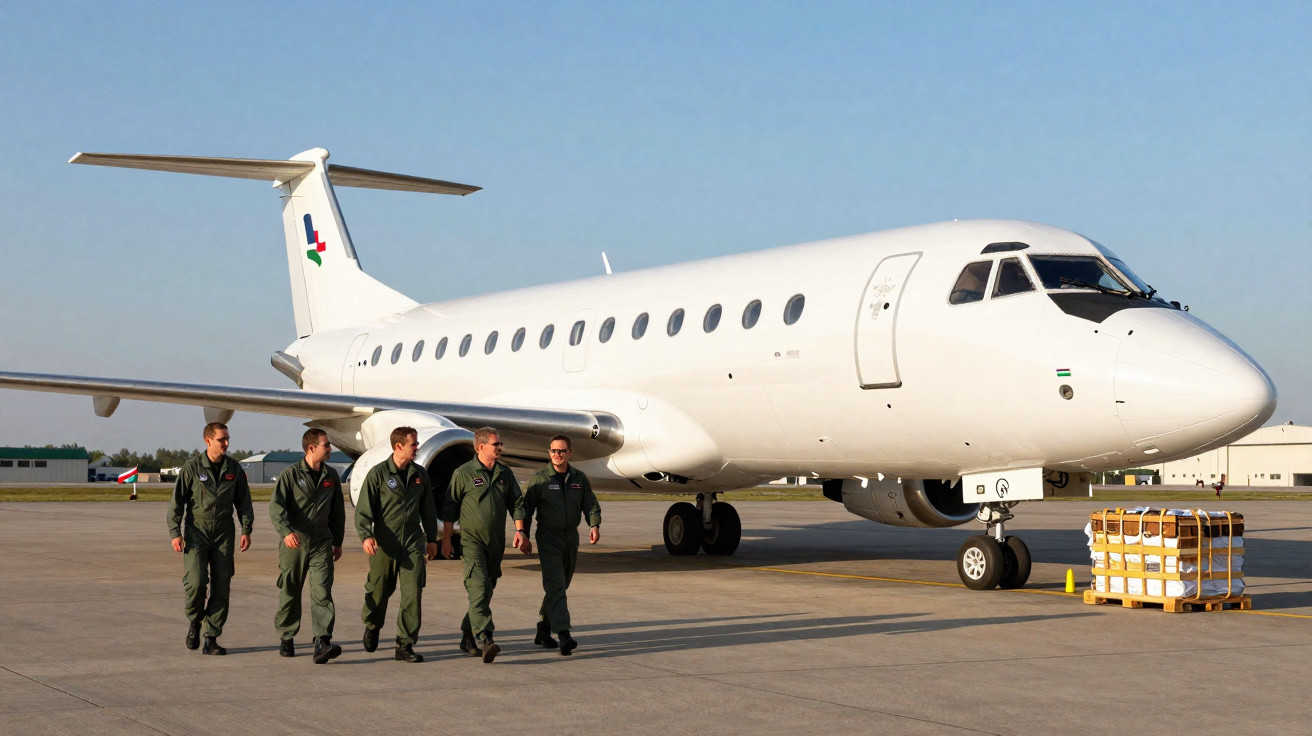 Cinco pilotos com macacões verdes caminhando no pátio ao lado de um avião branco estacionado.