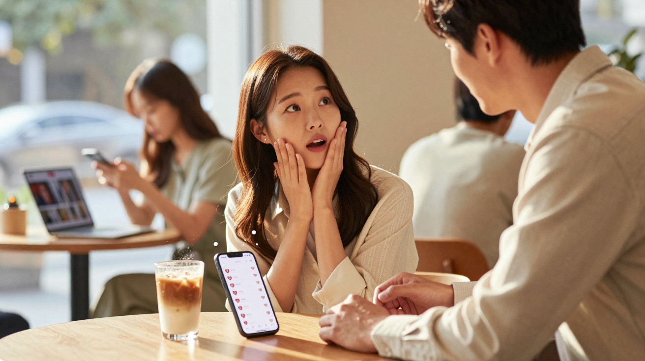 Mulher surpresa conversa com homem em café, celular exibindo lista de mensagens com corações.