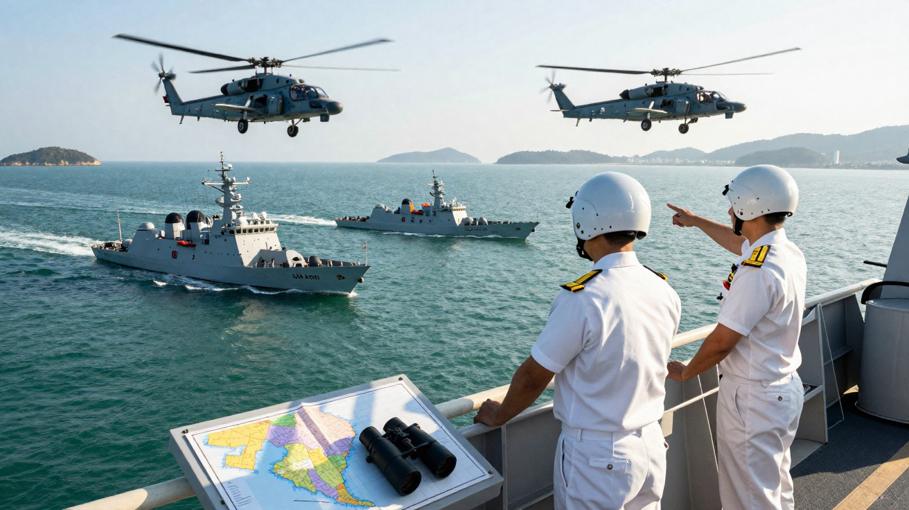 Dois militares em navio observam três navios e dois helicópteros militares sobre o mar.