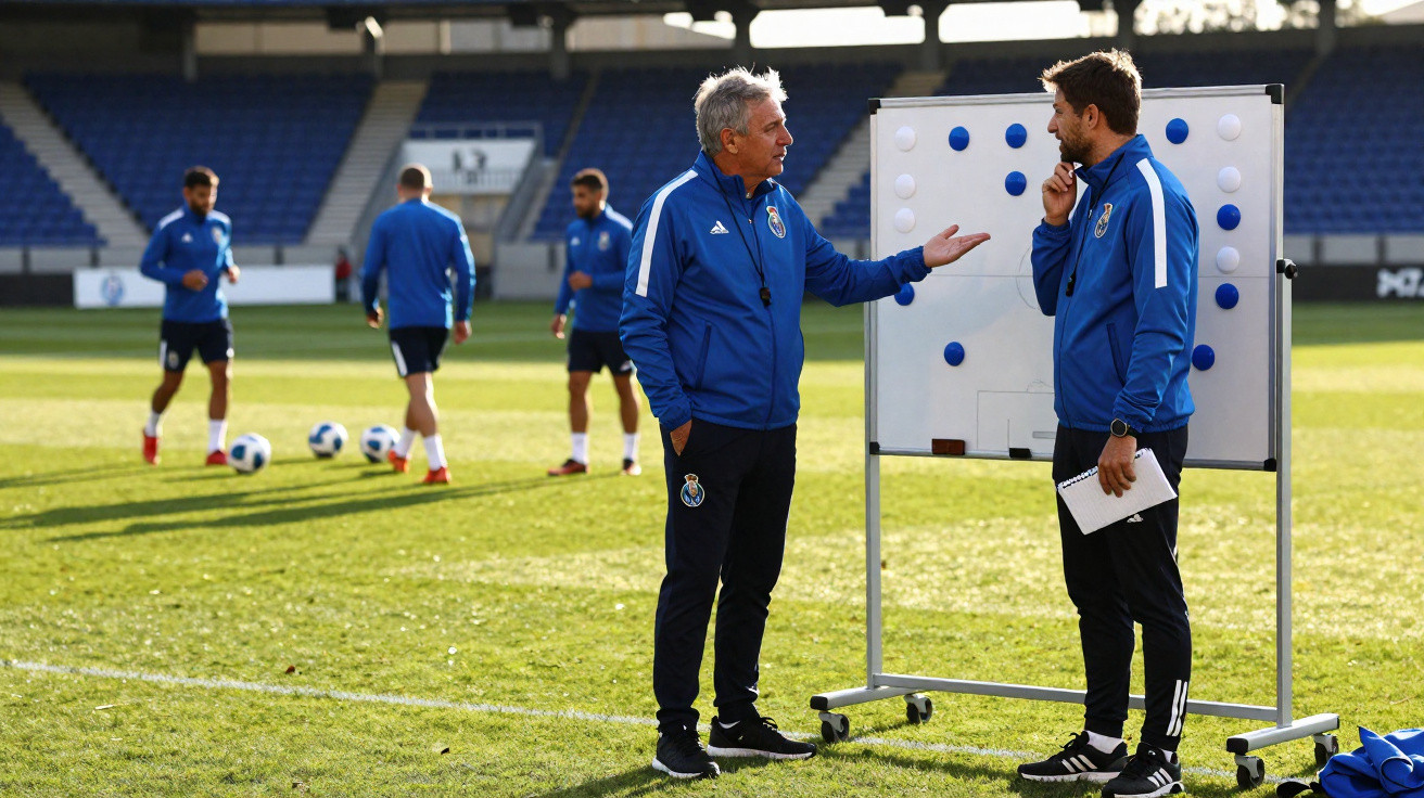 Treinador e assistente discutem estratégia ao lado de quadro tático em campo de futebol durante treino.