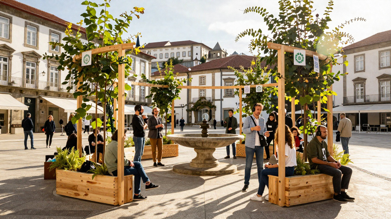 Praça urbana com pessoas sentadas e em pé ao redor de fonte e jardineiras de madeira com plantas.