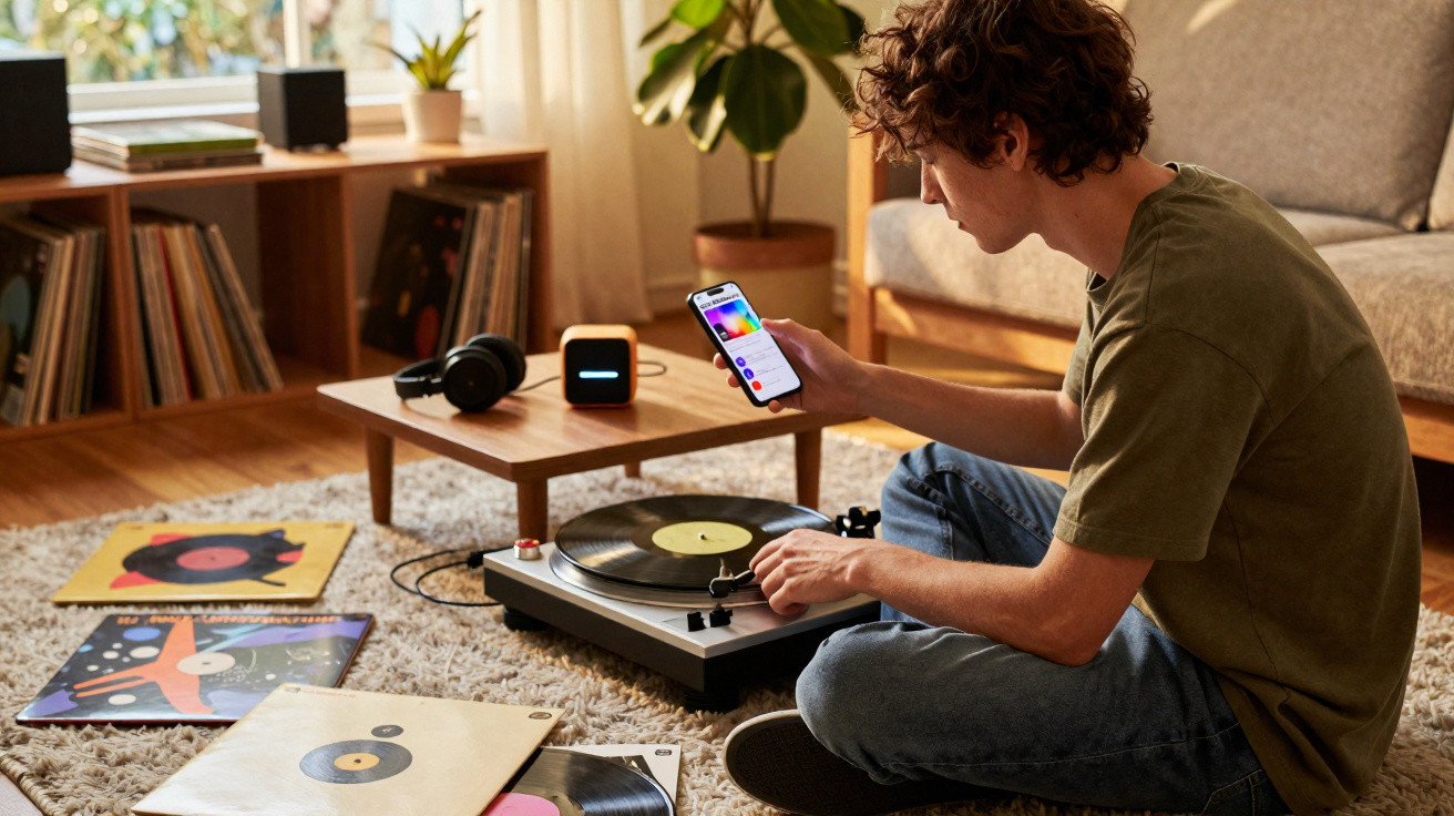 Jovem sentado no chão usando tocador de vinil e controle de música em celular em sala aconchegante.