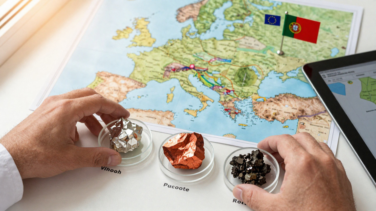Mãos seguram amostras de minerais sobre mapa da Europa com bandeiras da União Europeia e Portugal.