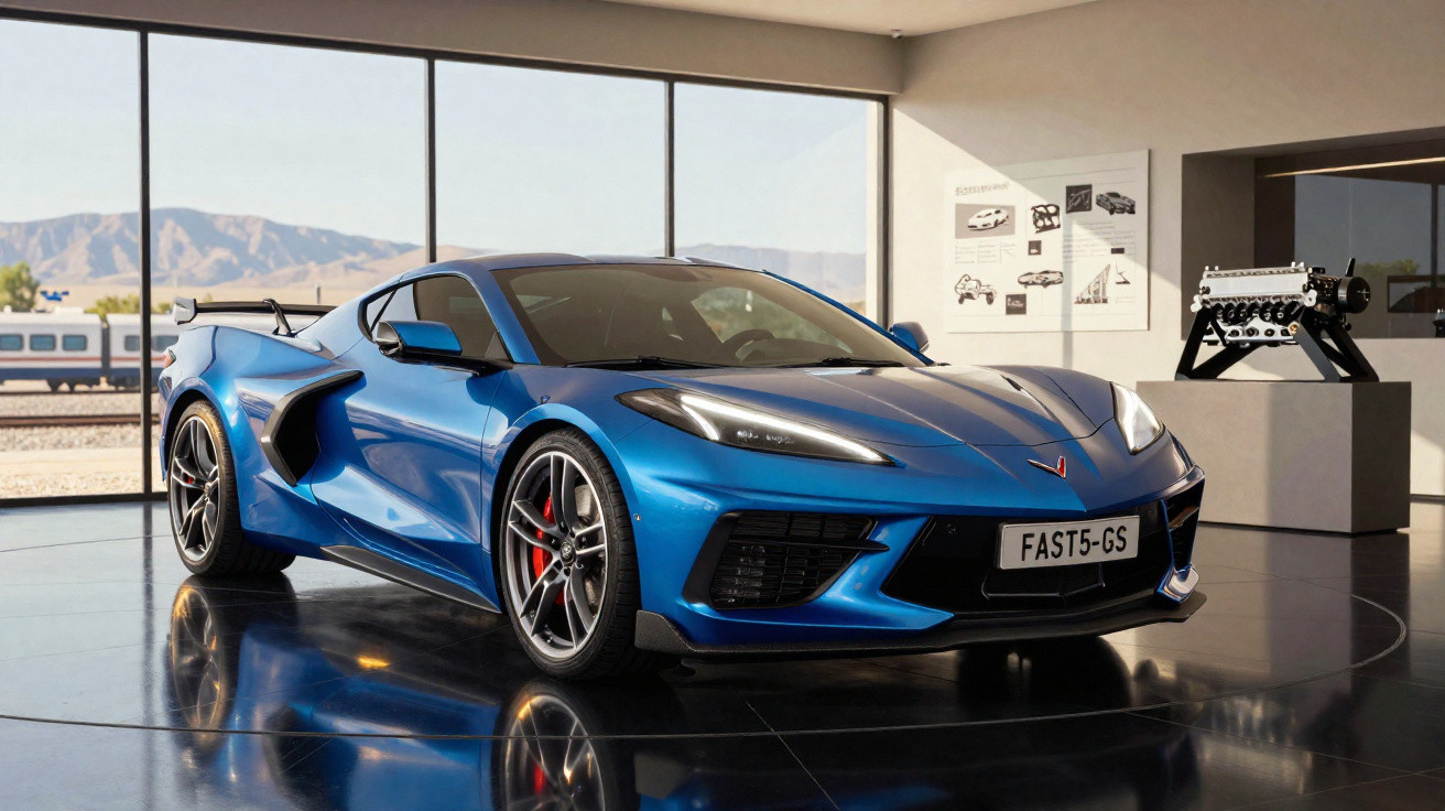 Carro esportivo azul Chevrolet Corvette C8 exposto em ambiente interno com grandes janelas e motor à vista.