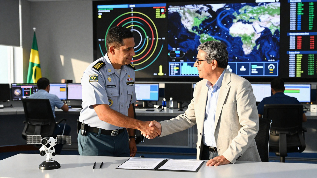 Militar e civil apertam as mãos em escritório com mapas e telas digitais ao fundo.