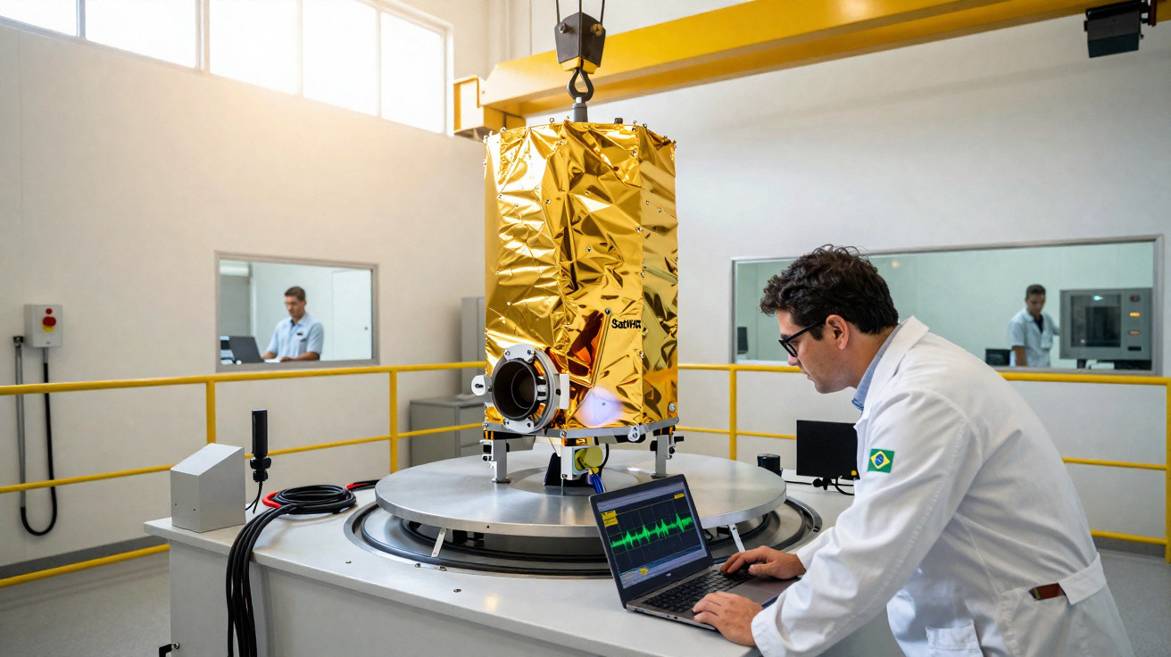 Engenheiro brasileiro analisa dados de satélite dourado em laboratório espaçoso e iluminado.
