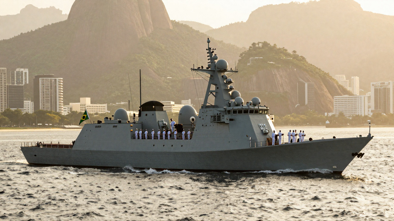 Navio de guerra brasileiro com tripulantes em formação navegando no mar, com montanhas e prédios ao fundo.