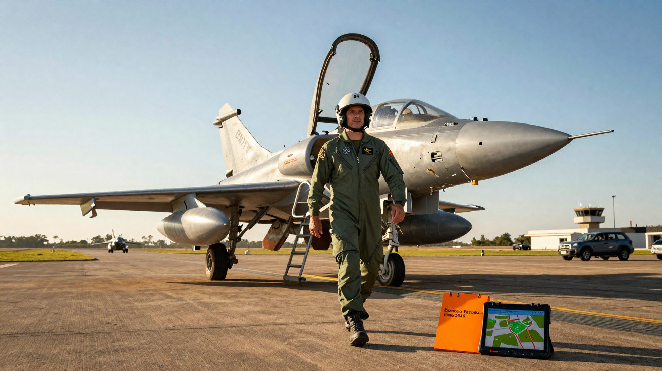Piloto militar caminhando em pista de aeroporto próximo a caça Mirage 2000 da Força Aérea Brasileira.