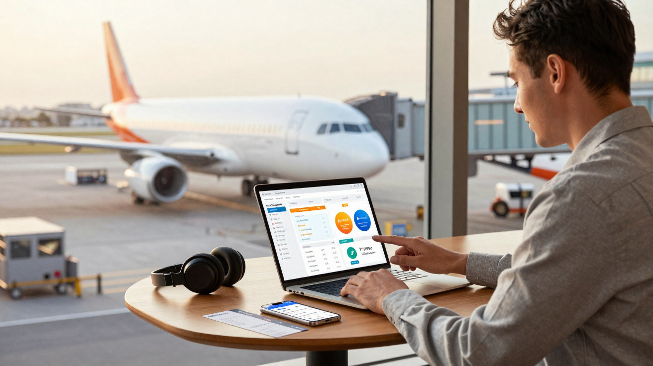 Homem usando laptop em mesa redonda no aeroporto com avião branco ao fundo e fones de ouvido ao lado.