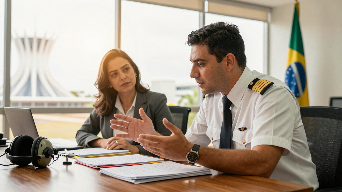 Homem piloto em uniforme conversa com mulher de negócios em escritório com bandeira do Brasil ao fundo.
