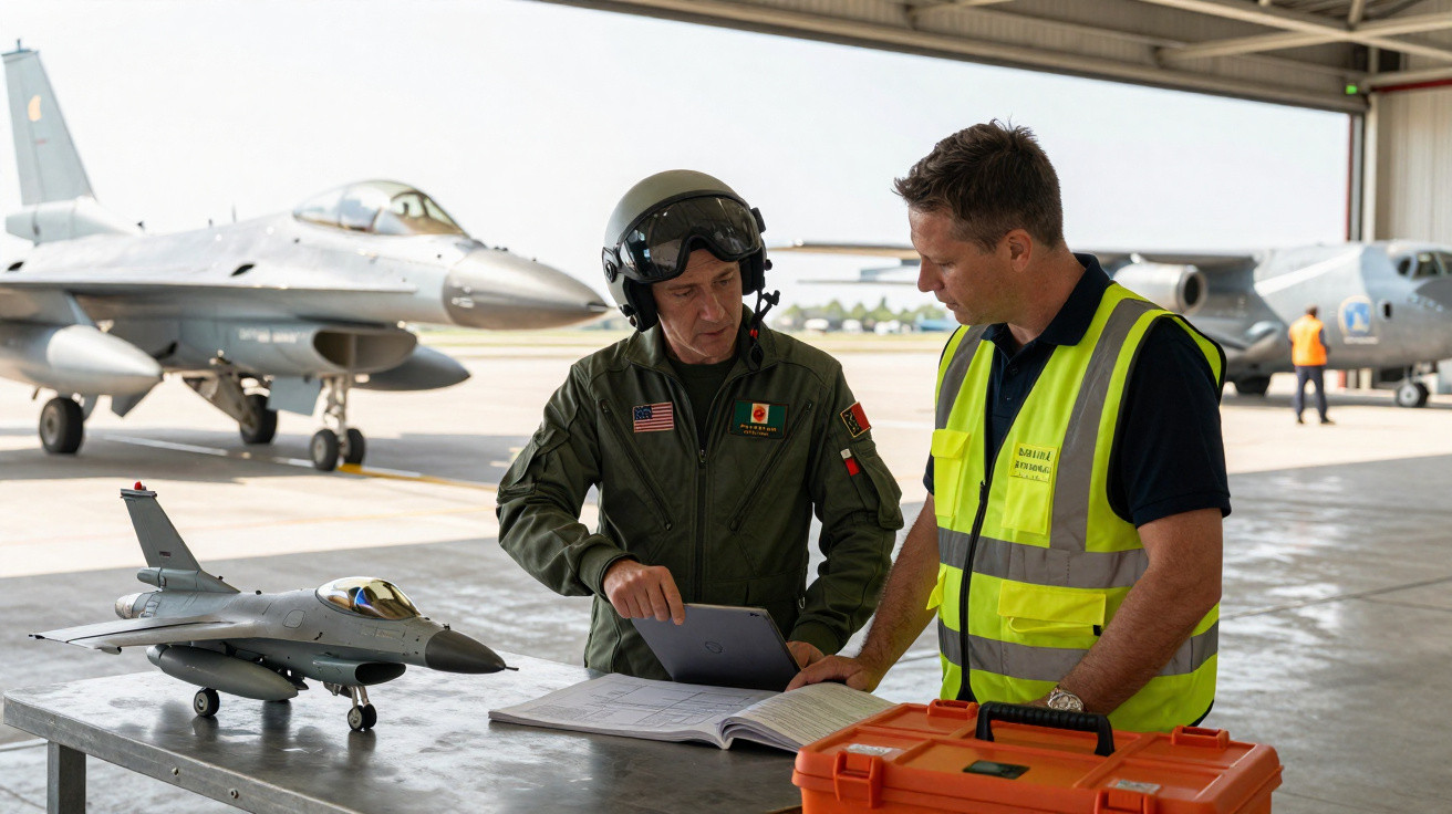 Dois homens discutem documentos em hangar com três aviões militares ao fundo.