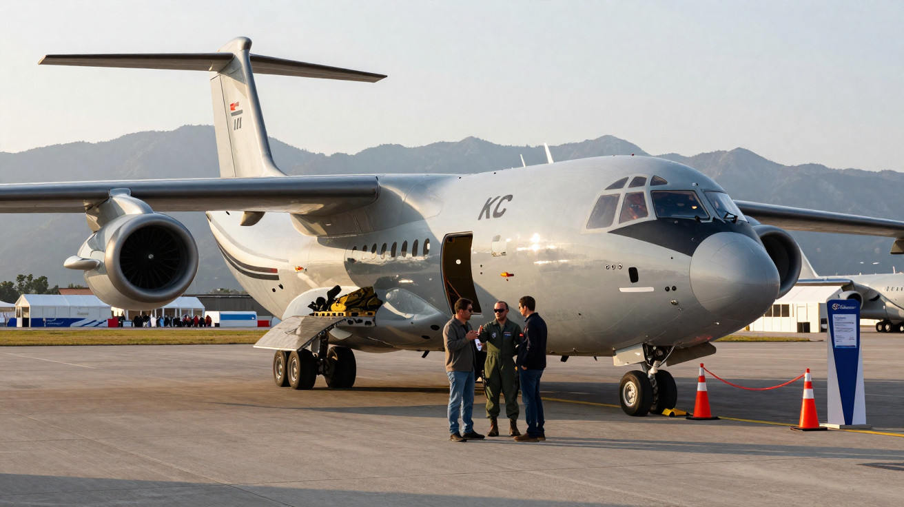 Avião militar KC estacionado em pista de aeroporto com três pessoas conversando ao lado.