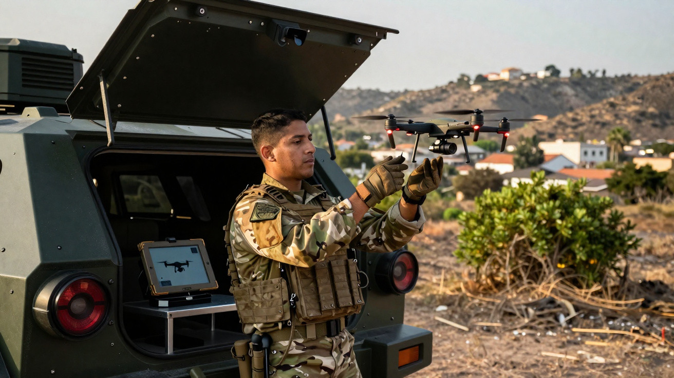 Militar em uniforme camuflado preparando drone próximo a veículo militar em área rural.