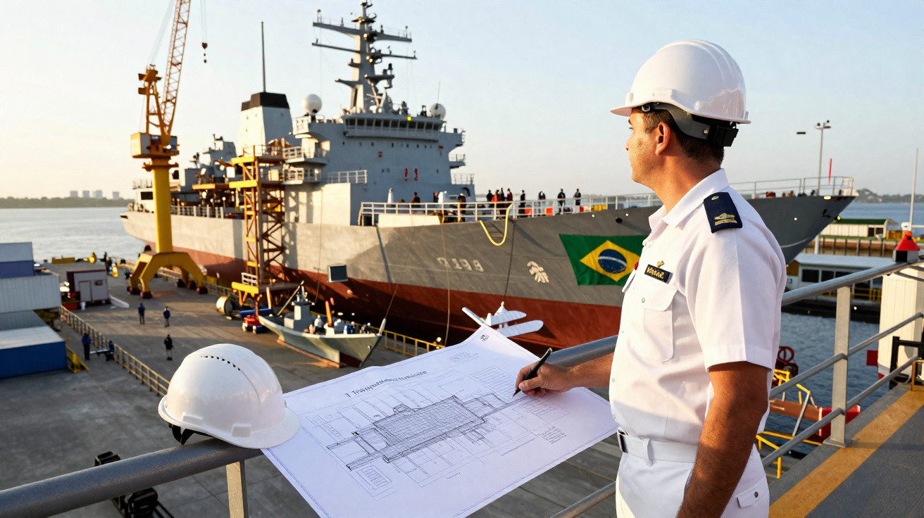 Homem fardado com capacete observa projeto em doca com navio da Marinha e bandeira do Brasil.