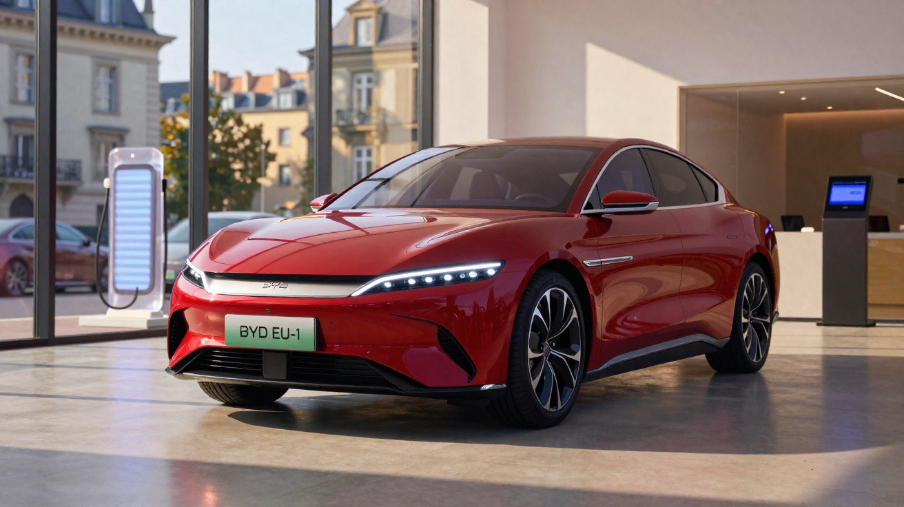 Carro elétrico vermelho BYD EU-1 estacionado em showroom com paredes de vidro e estação de recarga.