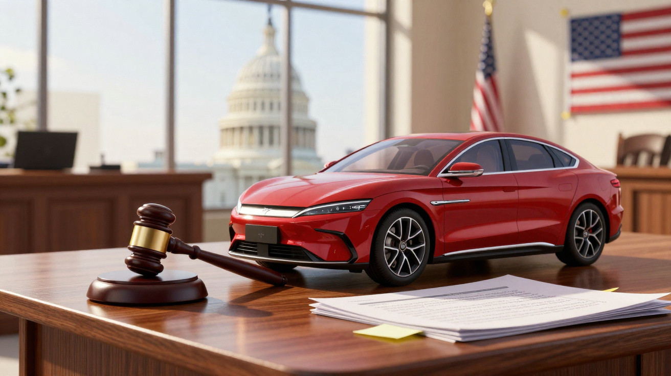 Miniatura de carro vermelho, martelo de juiz e documentos sobre mesa em escritório com vista para o Capitólio.