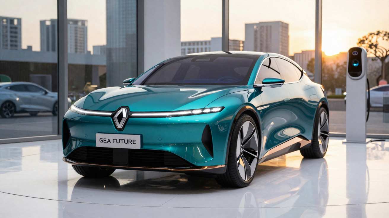 Carro elétrico azul metálico Renault GEA FUTURE exibido em showroom moderno ao pôr do sol.