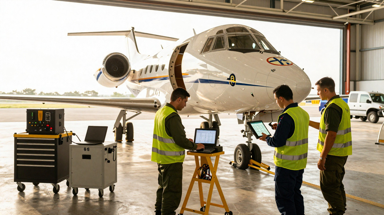 Três técnicos em colete refletivo trabalham em manutenção de jato executivo dentro de hangar.