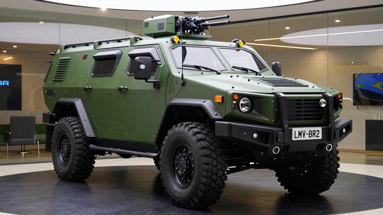 Veículo blindado militar verde com armamento no teto exposto em ambiente interno.