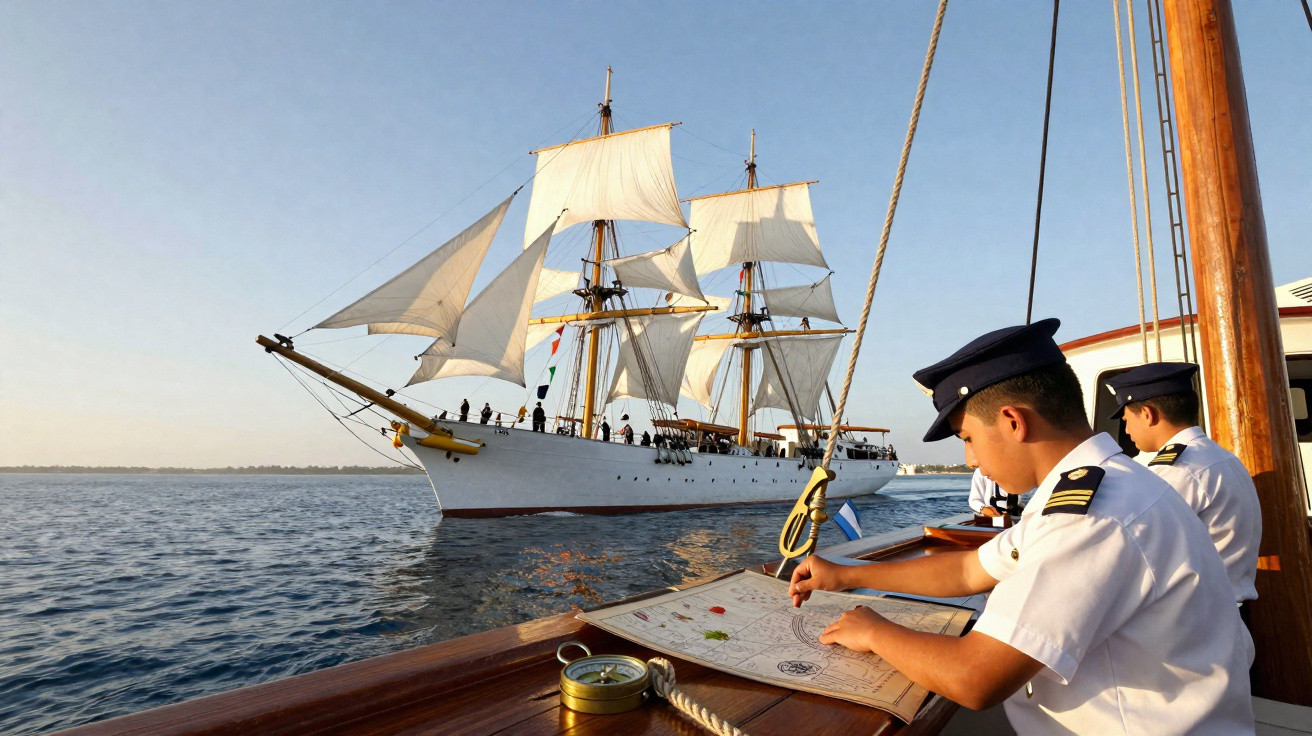 Dois marinheiros com uniforme branco analisam mapa a bordo de um barco com veleiro clássico ao fundo no mar.