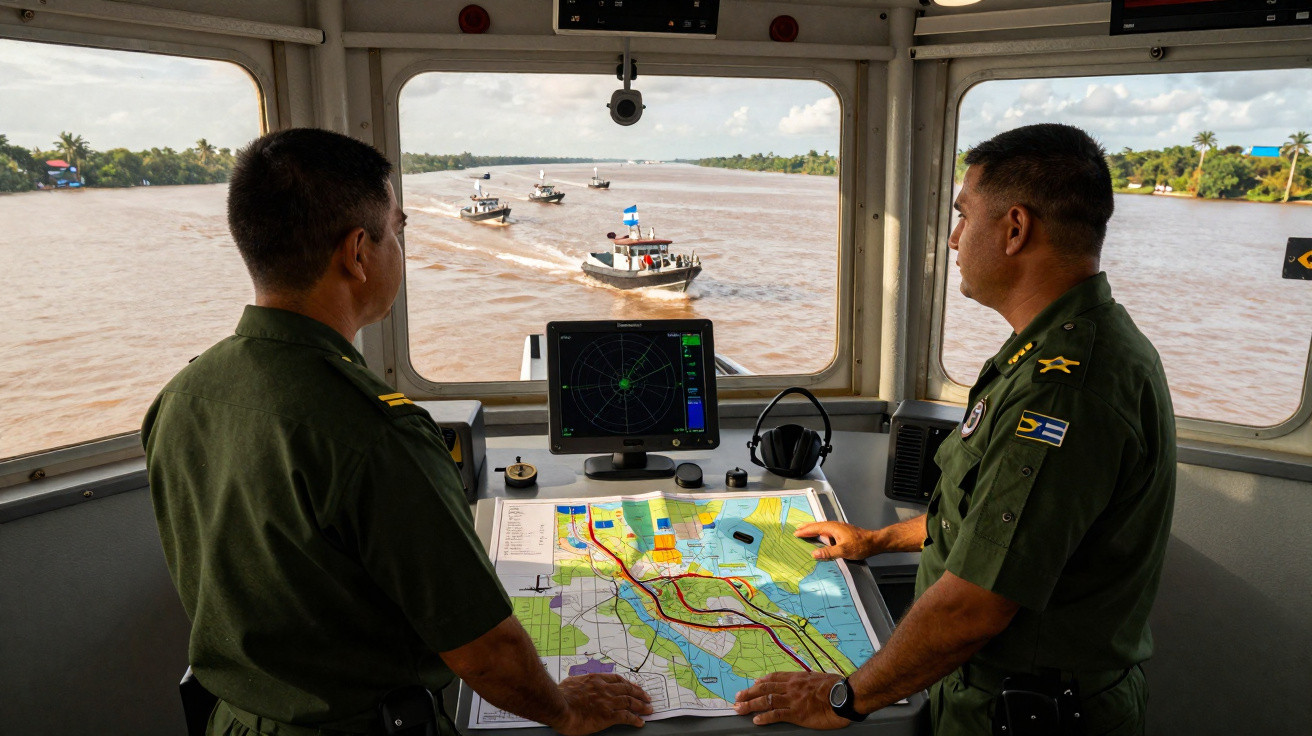 Dois homens em uniforme militar observam barcos em rio a partir de cabine com mapa e radar náutico.