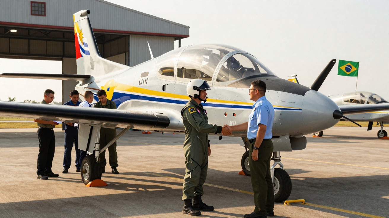 Piloto e oficial militar se cumprimentam diante de avião de treinamento em hangar com bandeira do Brasil ao fundo.