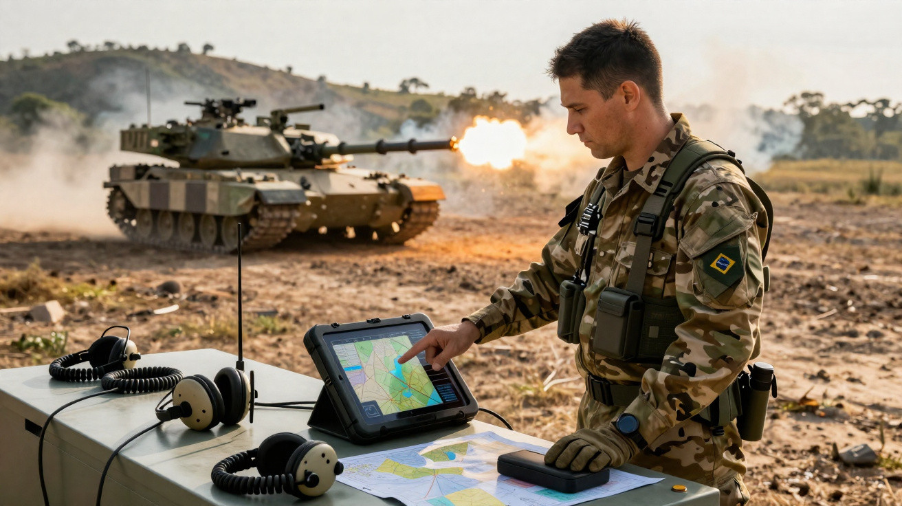 Soldado brasileiro manuseia tablet com mapa digital enquanto tanque dispara em campo aberto.