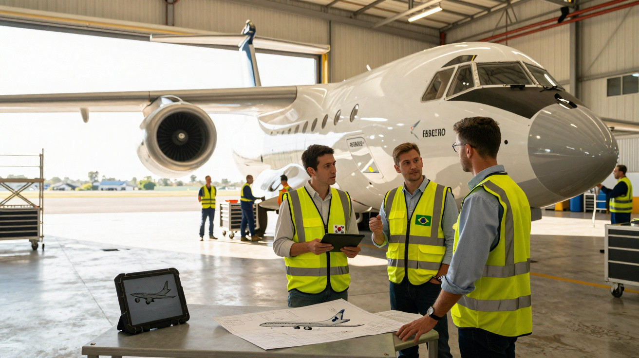Equipe de engenharia com coletes de segurança discutindo projeto perto de avião em hangar.