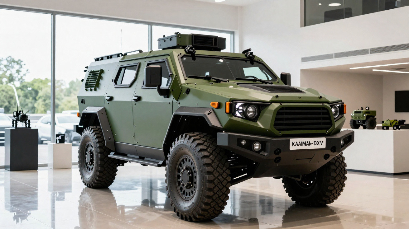 Veículo blindado militar verde exposto em showroom moderno com grandes janelas de vidro.