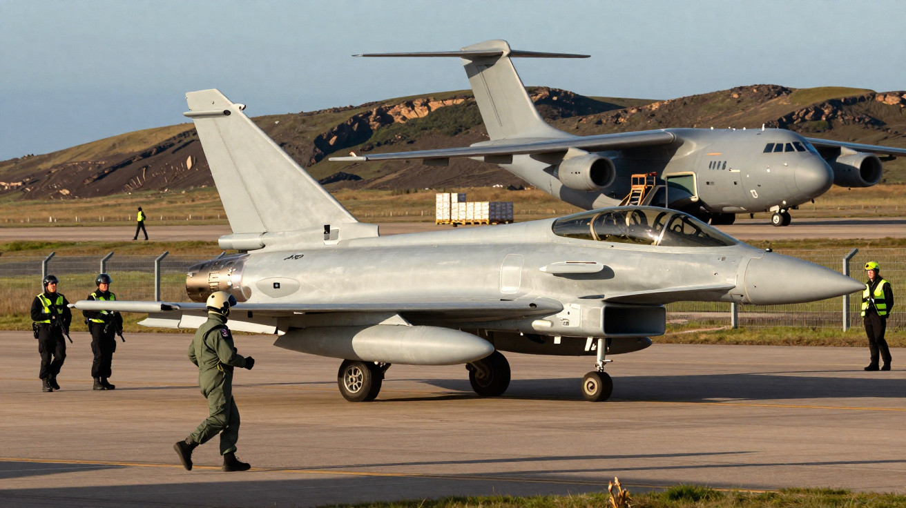Caça militar cinza taxiando no aeroporto com avião de carga e pessoas ao fundo em área cercada.