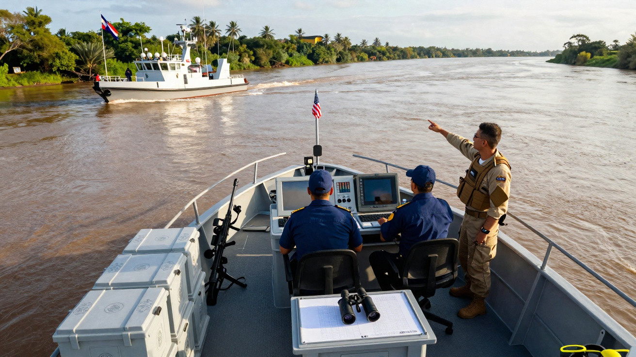 Três militares em barco de patrulha fluvial observam outro barco próximo em rio cercado por árvores.