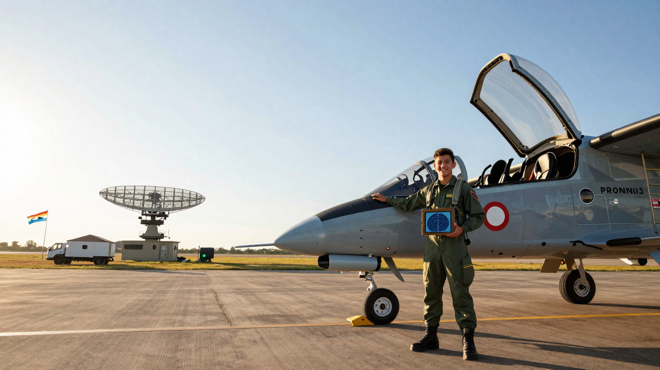 Militar com uniforme verde posa em pé ao lado de avião militar cinza em pista de aeroporto ao ar livre.