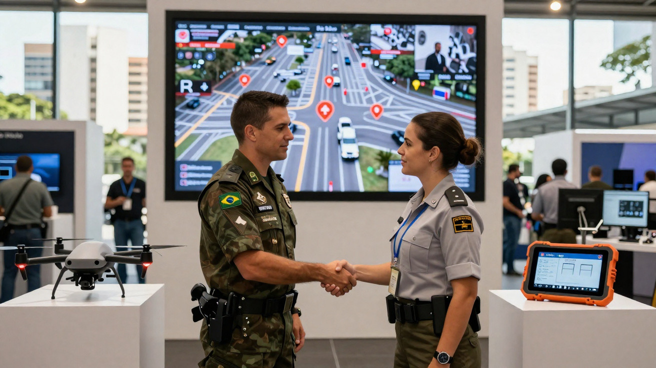 Militares brasileiros apertam mãos em centro de monitoramento com drone e tela de controle viário ao fundo.