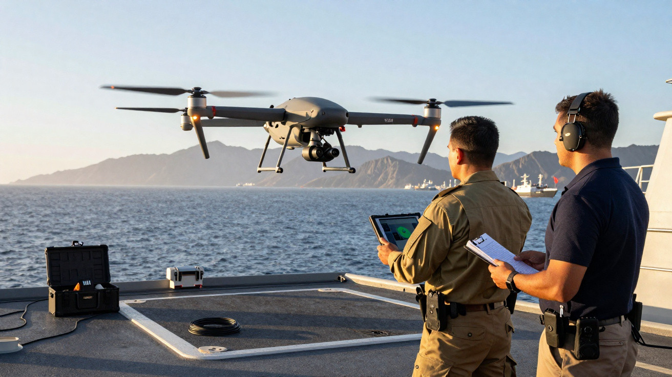 Dois homens operam drone no convés de uma embarcação com mar e montanhas ao fundo.