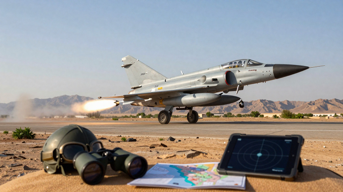 Caça militar decolando em pista deserta com capacete, binóculos, mapa e tablet em primeiro plano.