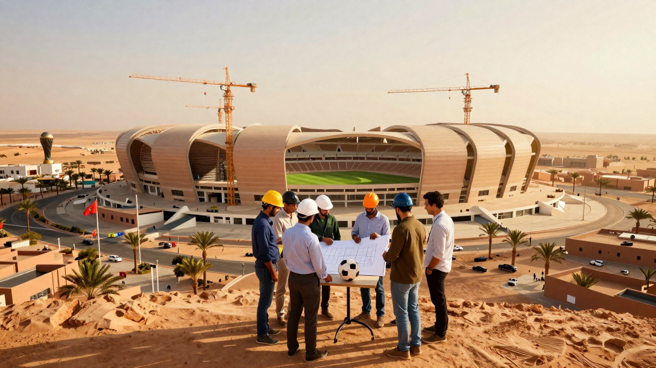 Engenheiros analisam projeto com estádio moderno ao fundo em área desértica.