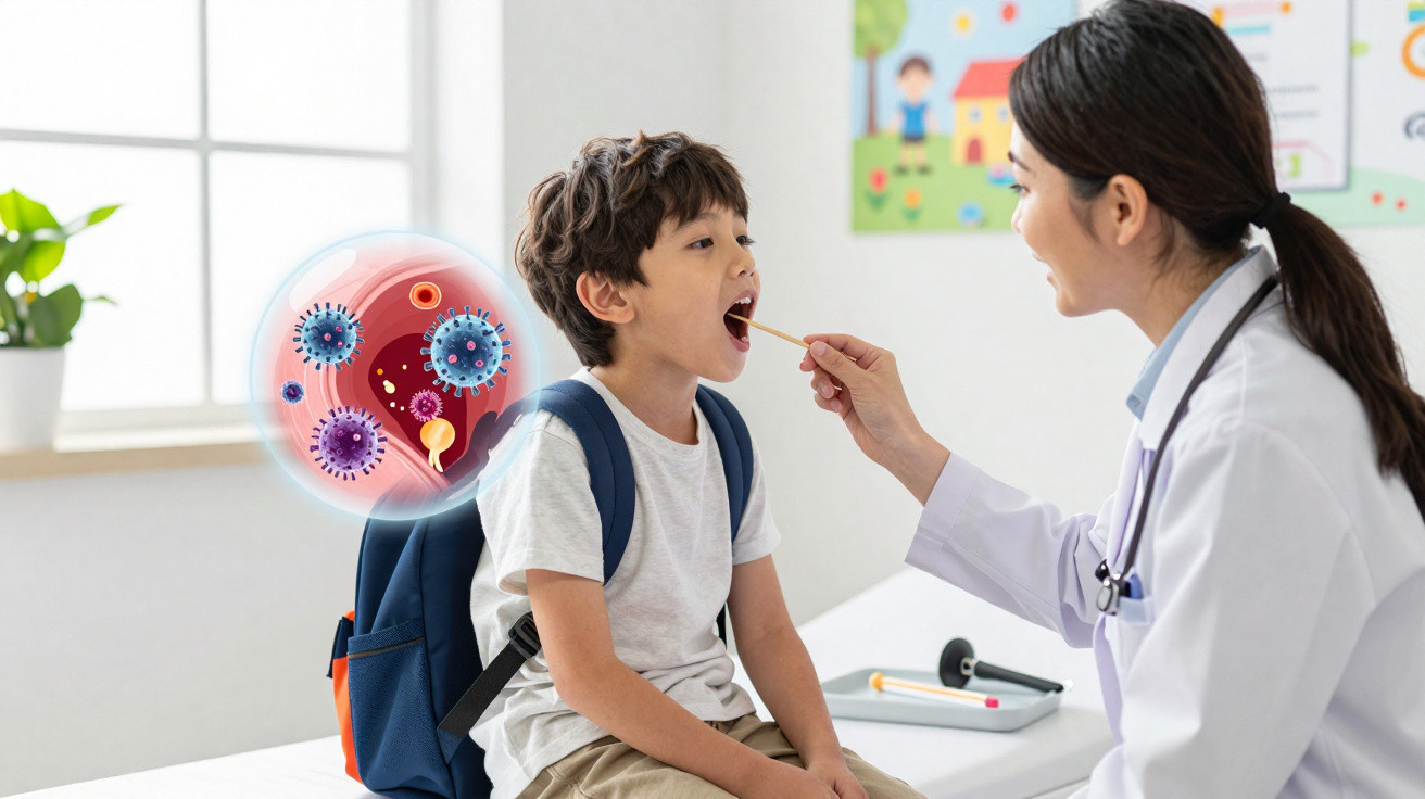 Criança recebendo exame de garganta de médica em consultório com ilustração de vírus ao lado.