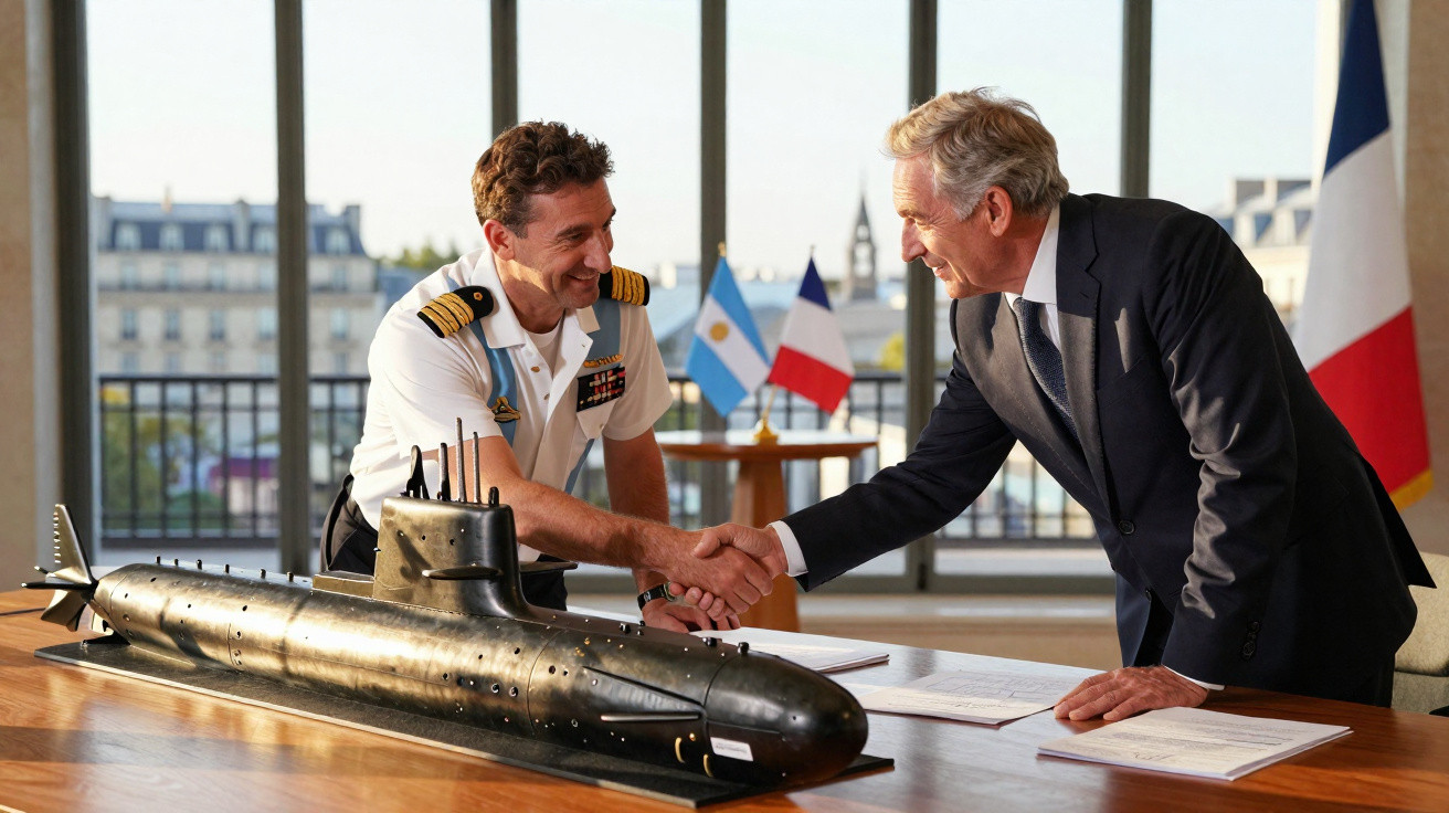 Dois homens apertam as mãos sobre uma mesa com modelo de submarino, com bandeiras da Argentina e França ao fundo.