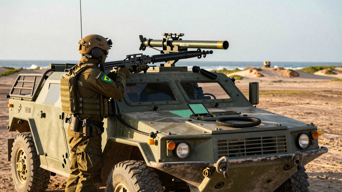 Soldado brasileiro armado com fuzil ao lado de veículo militar em área desértica próximo ao mar.