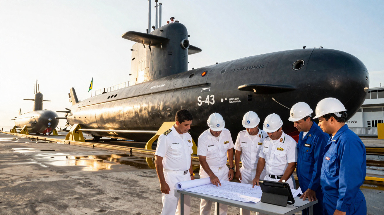 Seis homens com uniformes militares e capacetes revisam plantas ao lado do submarino S-43 no porto.