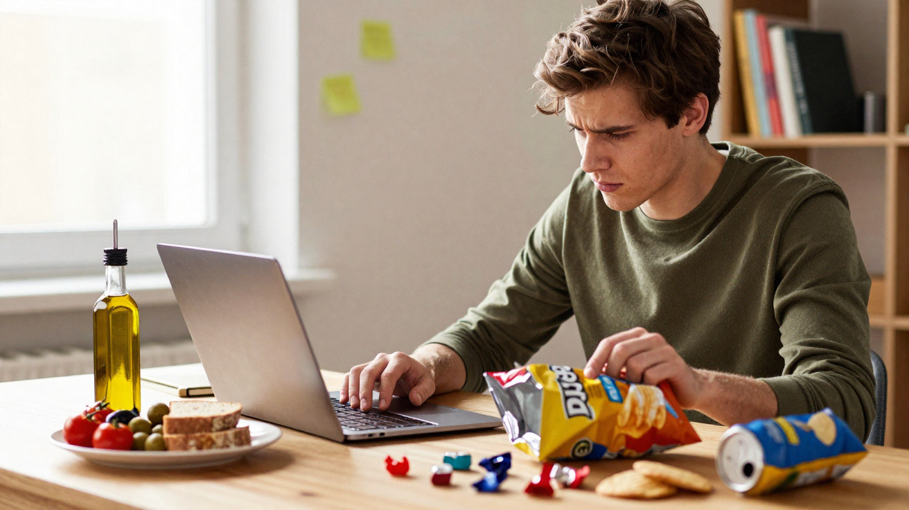 Jovem sentado à mesa usando notebook, com salgadinhos e comida ao redor em ambiente interno.