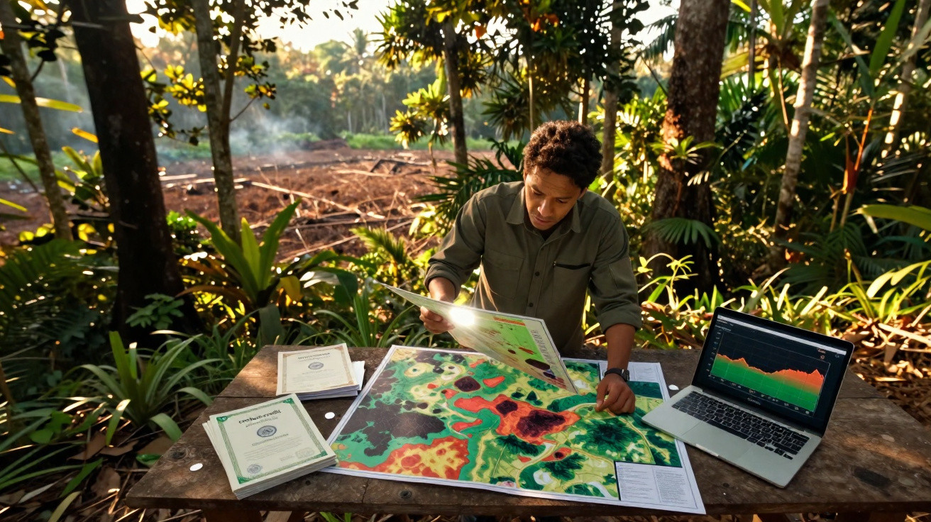 Pessoa analisando mapas geográficos coloridos ao ar livre, com laptop e documentos em mesa na mata.