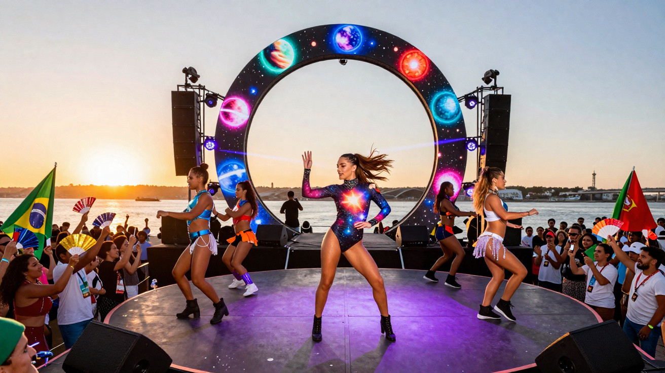 Grupo de dançarinas se apresentando em palco circular com público e pôr do sol ao fundo.