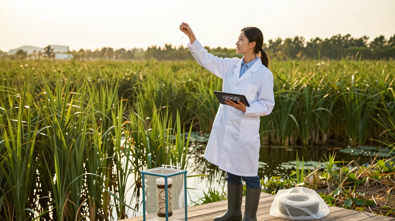 Mulher cientista com jaleco e tablet, estudando planta ao lado de lagoa cercada por vegetação alta.
