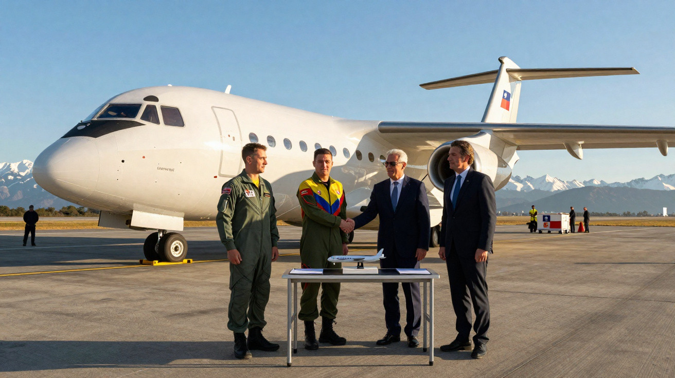 Quatro homens, dois em uniformes militares e dois em ternos, fazem acordo em frente a um avião parado na pista.
