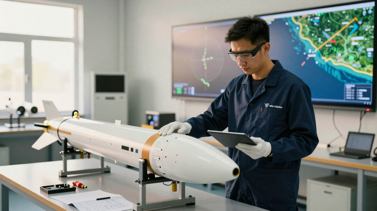 Engenheiro em laboratório analisa modelo de míssil com tablet em mãos, tela mostra mapas e radar.