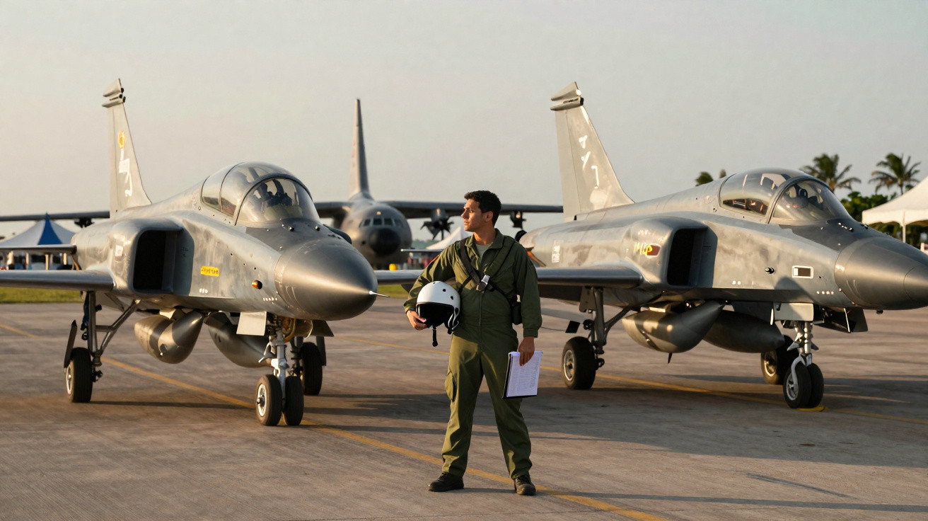 Piloto militar em uniforme verde segurando capacete entre dois jatos de caça estacionados em pista.