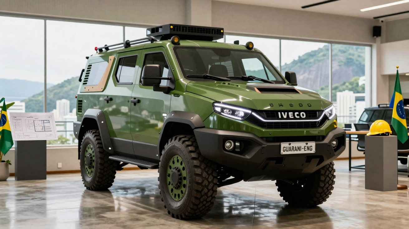 Veículo militar verde Iveco Guarani exposto em ambiente interno com bandeiras do Brasil ao fundo.