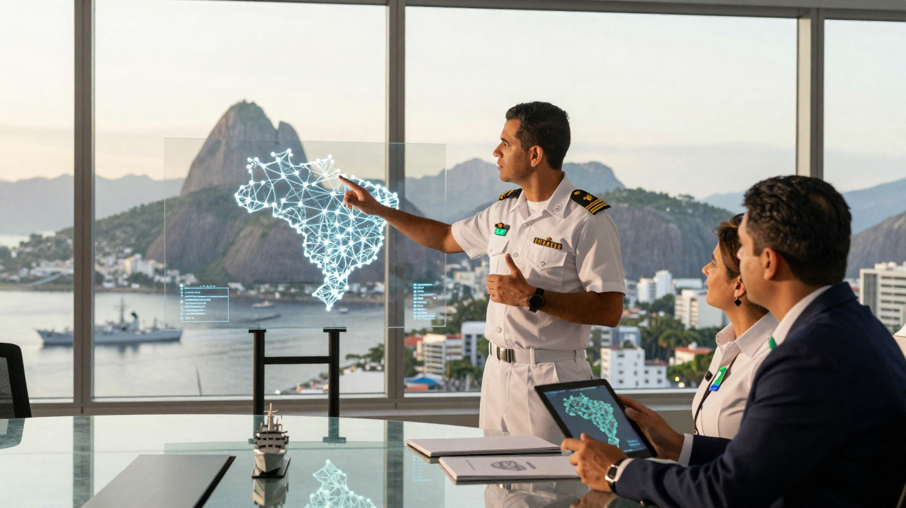 Oficial da marinha aponta mapa digital do Brasil em reunião com dois parceiros em escritório com vista para a baía.