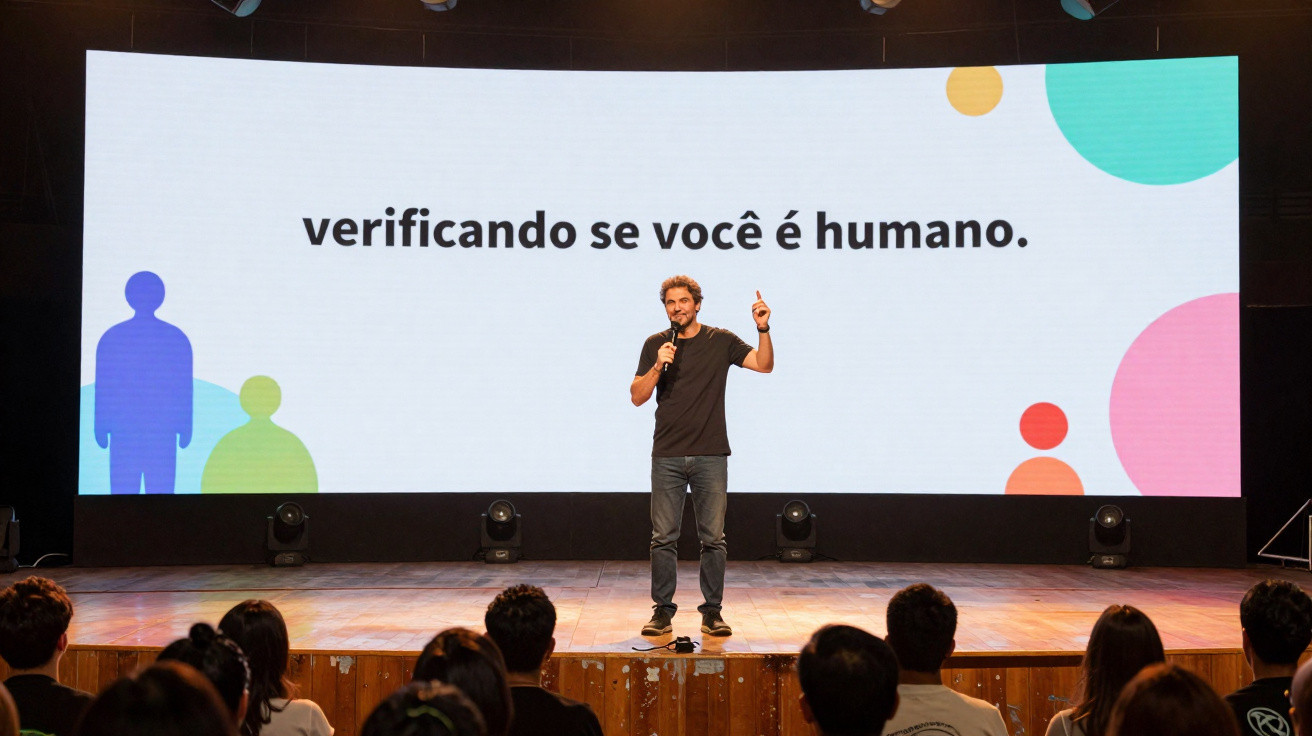Homem fala em microfone no palco com tela ao fundo escrito "verificando se você é humano" para plateia.